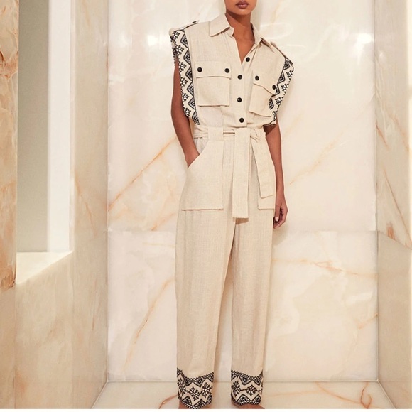 Patbo Linen Embroidered Belted Jumpsuit Sz 0 XS‎